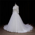 3/4 Sleeve Round Neck Beaded Lace Big Train Bridal Gown